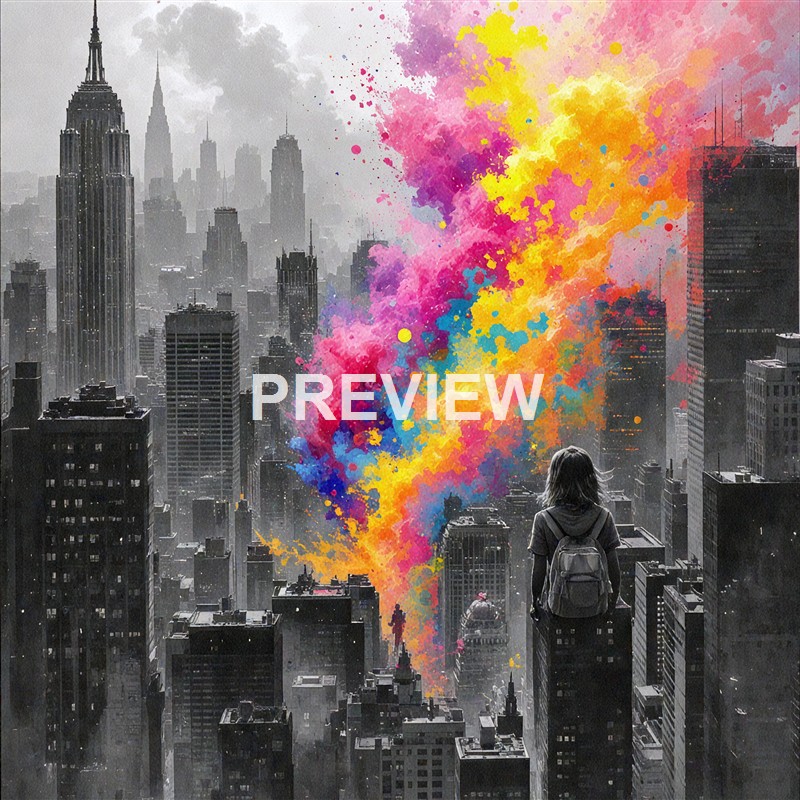 A girl with a backpack stands on a rooftop overlooking a city skyline, with a vibrant explosion of colorful paint splashes emanating from behind her, contrasting with the grayscale buildings.